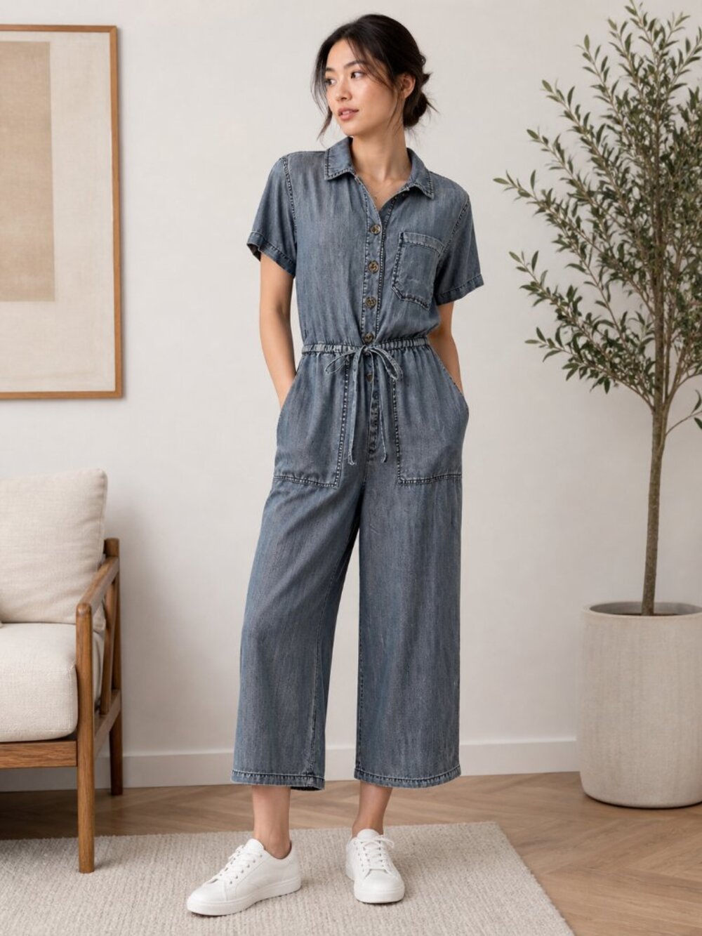 NWOT VELVET HEART 100% Tencel Lightweight Soft Button Jumpsuit Tie-Waist Large